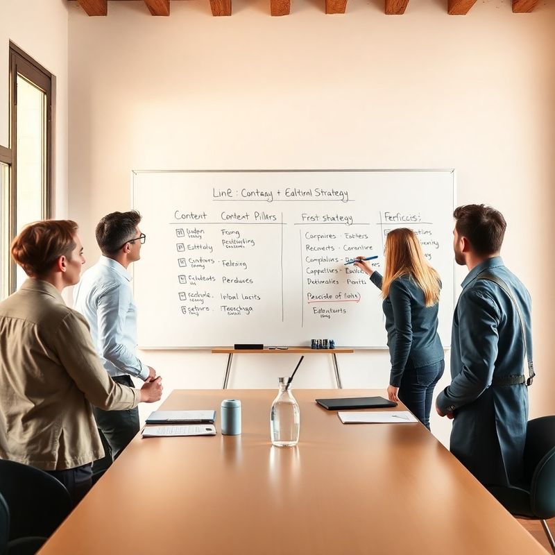 Sesión de estrategia editorial con equipo revisando pilares temáticos en pizarra